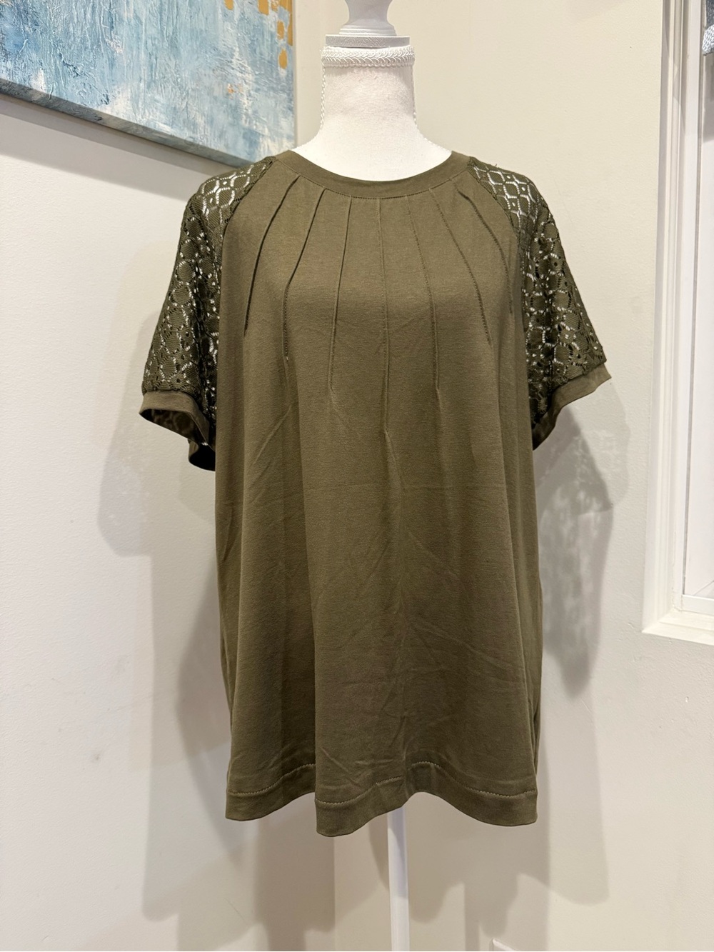 Olive Short-Sleeve Knit Top with Lace Sleeves - Women Size 2XL